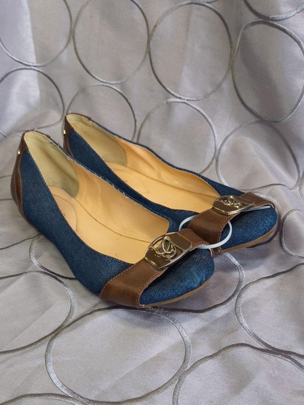 GUESS Denim Navy Ballet Flats with Brown Trim and Logo Accent AB